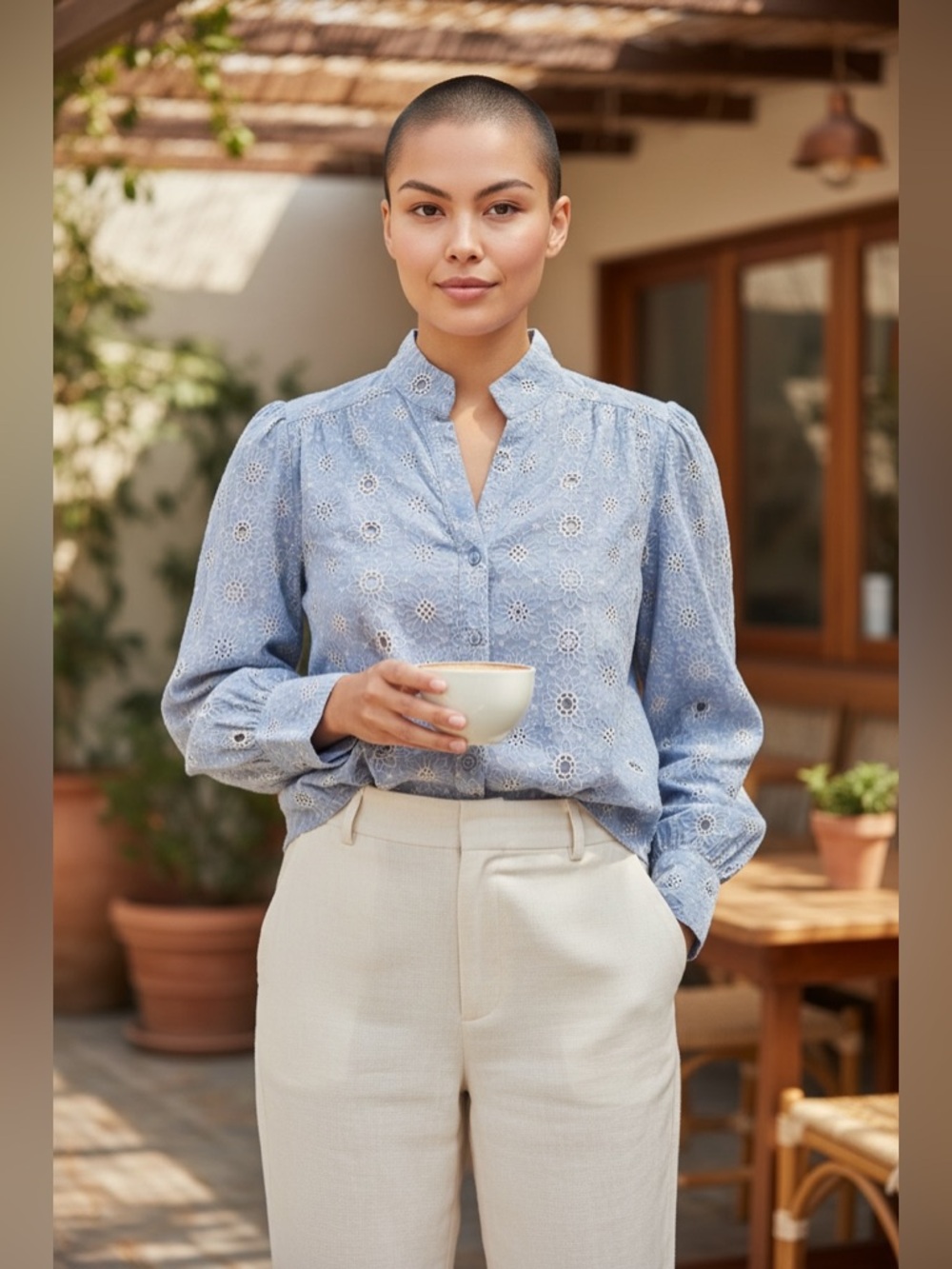 Women's Light Blue Floral Eyelet Button-Down Shirt